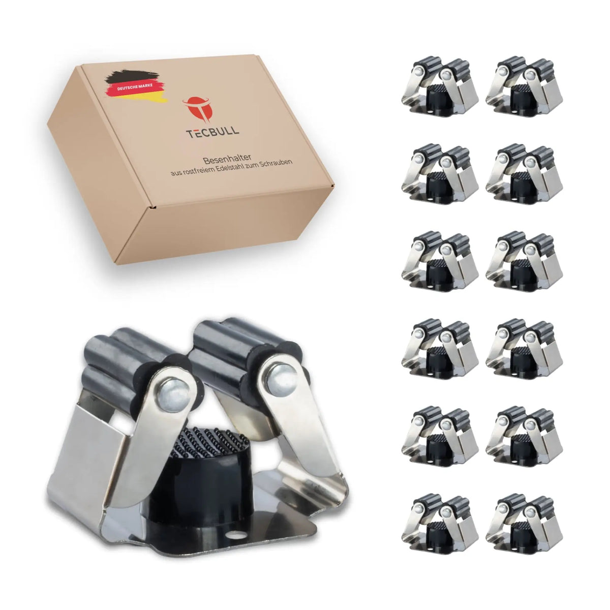 TECBULL® Besenhalterung Wand Halterung Besen Mopp - 12er Pack / Edelstahl gebürstet - schwarze Rollen
