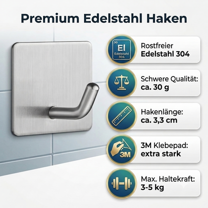 TECBULL Klebehaken V2 Edelstahl massiv, Wandhaken selbstklebend