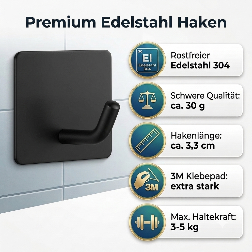 TECBULL Klebehaken V2 Edelstahl massiv, Wandhaken selbstklebend