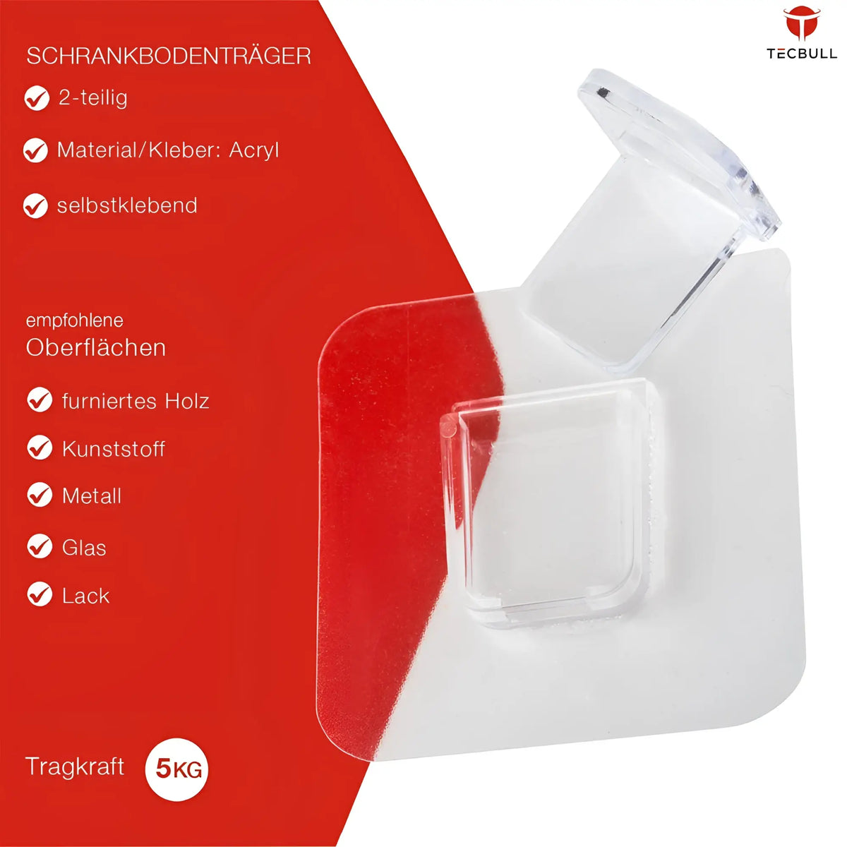 TECBULL® 2-teilige Einlegeboden Halter Bodenträger selbstklebend ohne Bohren