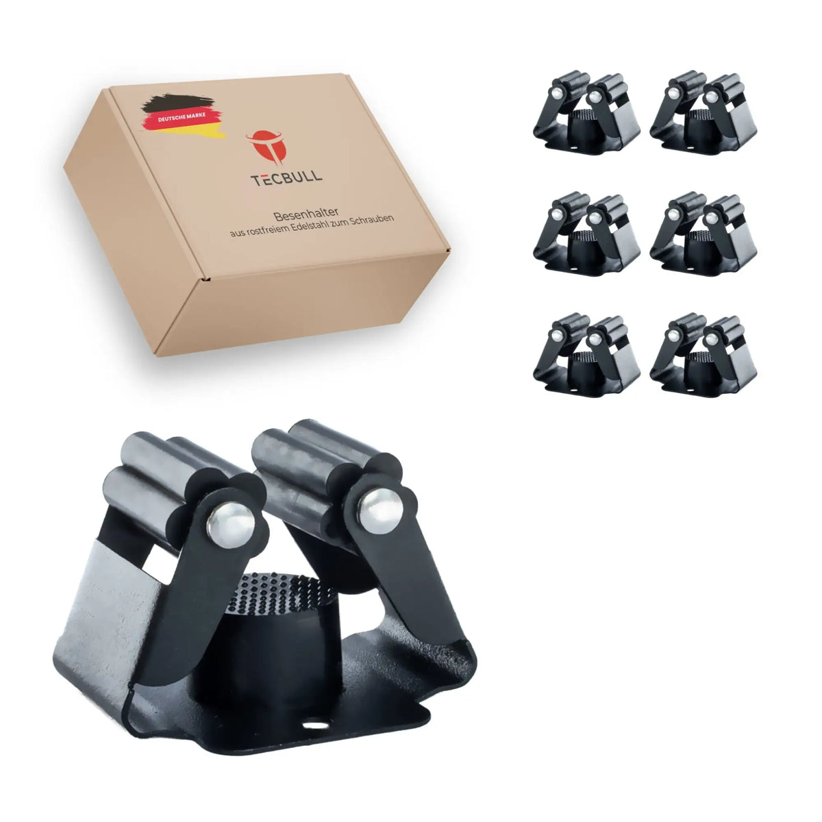 TECBULL® Besenhalterung Wand Halterung Besen Mopp - 6er Pack / Edelstahl schwarz - schwarze Rollen