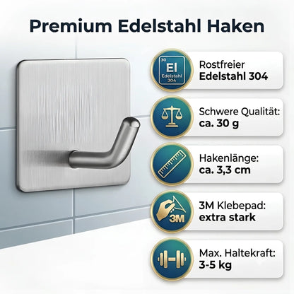 TECBULL® V2 Klebehaken Edelstahl massiv Wandhaken selbstklebend